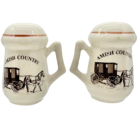 Vtg Amish Country Mug-Style Salt and Pepper Shakers Horse-Drawn Carriage Lipco - Picture 1 of 9